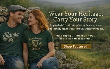 Couple wearing Irish heritage t-shirts featuring Sláinte and Proud to be Irish graphic designs.