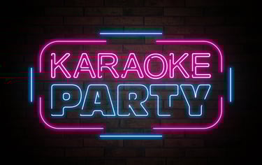 néon bleu et rose avec une inscription karaoké party sur un fond noir