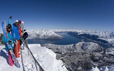  skiers standing on a snowy mountain in Queenstown, New Zealand