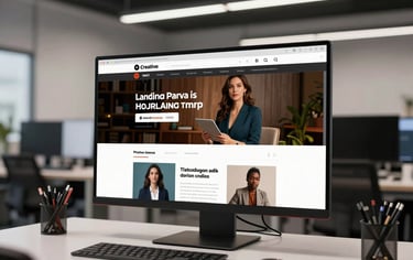 Creative agency workspace with a widescreen monitor showing a high-contrast advertising campaign landing page, overhead studio lighting, clean minimal desk