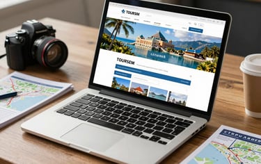 Laptop on a travel agency desk showing a tourism website with destination photos and booking form, bright daylight, maps and brochures visible beside it