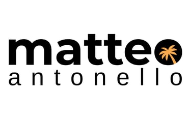 Matteo Antonello brand logo featuring bold black typography and an orange palm tree icon in a circle.