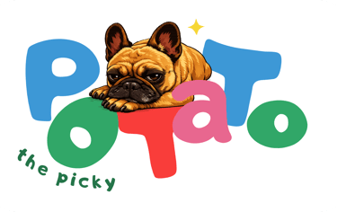 A brown French Bulldog illustration resting on colorful text that reads the Picky Potato