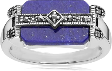 Lapis Lazuli & Marcasite Art Deco Ring in 925 Sterling Silver. Gemondo