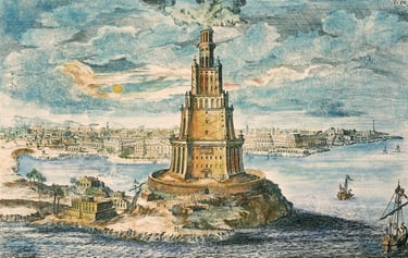 Ilustração do Farol de Alexandria com estrutura em três níveis, emitindo luz no topo.