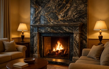 a living room with a leftover granite fireplace and a couch