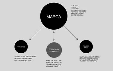 Diagrama de modelo de negócios que visa posicionar a marca no meio digital e fisico.