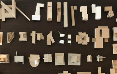 collection of models made by students at 1/300 representing icons of 20th century architecture
