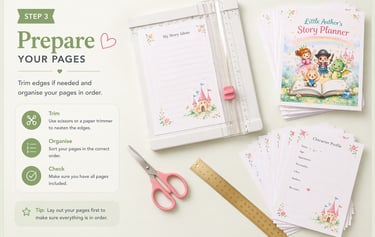 A paper trimmer, scissors, and ruler used to prepare pages for a children's story planner kit.