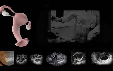 Image showing the uterus and ovaries with various ultrasound images and Doppler of same.