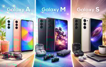 Comparação dos smartphones Samsung Galaxy das séries A, M e S com acessórios