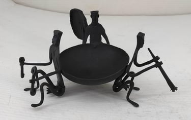 "Handcrafted Bastar tribal iron bowl with three musicians – Top & Front View-Globally demanded"