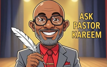 Cartoon of a smiling Black pastor holding a quill pen with Ask Pastor Kareem text on a stage background.