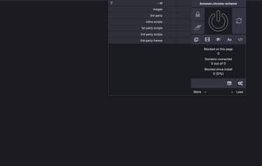 Screenshot of uBlock Origin browser extension settings dashboard with ad blocking statistics.
