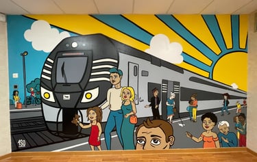Fresque murale 2,5*4,5 1SO IDENTITE - Café de la gare Montfort sur Meu - Arrivée TER Région Bretagne