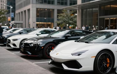 A row of high-end exotic cars including obsidian black and alabaster white models parked outside a high-rise building in a major North American / US city center.