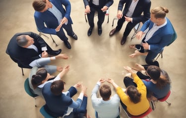 A diverse team collaborating around a table with charts and laptops.