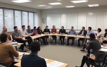 A diverse team collaborating around a table with charts and laptops.