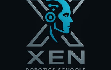 Xen Robotics Schools logo featuring a blue cyborg head profile within a metallic silver X symbol.