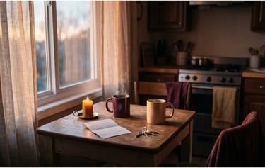 Cozy kitchen scene with steaming coffee mugs, a lit candle, and a handwritten note on a wooden table.