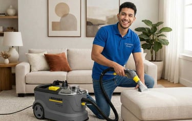 Un empleado de Limpiamax esta limpiando unos muebles en Bonao