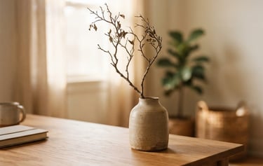 A minimalist oak desk with a ceramic vase holding a single dried branch, warm morning light, shallow depth of field