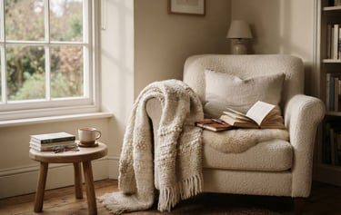 A cozy reading chair in a warm cream corner, a soft wool throw blanket draped over the side, gentle window shadows