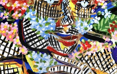 Quadratische Leinwand mit expressiven Farbfeldern und weißen Linien – „Intuition“, Romeo Opincaru.