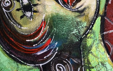 Expressive Leinwand „Adam & Eva“ in Komplementärfarben mit weißen Linien – Romeo Opincaru, 2025.