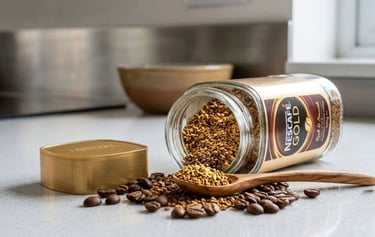 Glass jar of Nescafé Gold instant coffee granules displayed beside roasted coffee beans