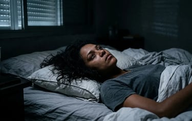 A woman lying awake in bed at night struggling with insomnia and sleep deprivation.