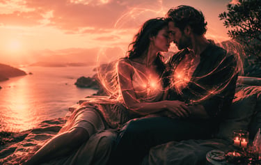 Romantic couple embracing at sunset with glowing energy light trails connecting their hearts.