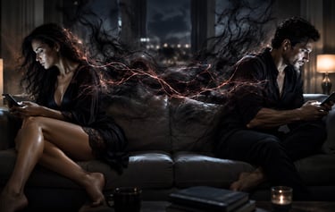 A man and woman sitting on a couch using smartphones while dark smoke and energy connect them in a moody room.