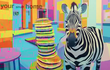 zebra with pankcakes in colourful kitchen