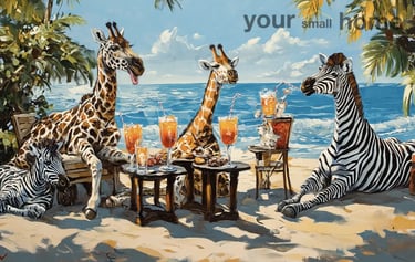 zebra and giraffe by the beach