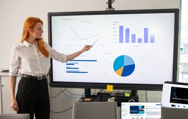 a woman in a white shirt and black pants showing presentation on a big computer screen