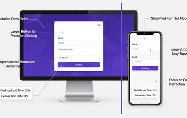 Side-by-side comparison of a desktop and mobile popup, highlighting key differences in design and UX
