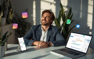 Business owner using ManyChat automation on multiple devices