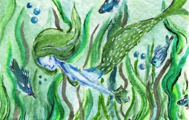 a mermaid green fish watercolour painting 