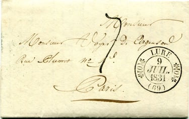 Lettre en port dû de LURE à PARIS taxée à 7 décimes (moins de 7.5 g sur une distance de 333 Km).