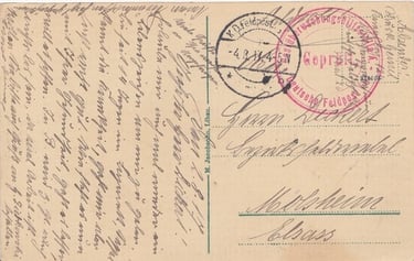 4 août 1917, Carte d'un soldat alsacien soigné à l'hôpital militaire n° 124 de LIBAU