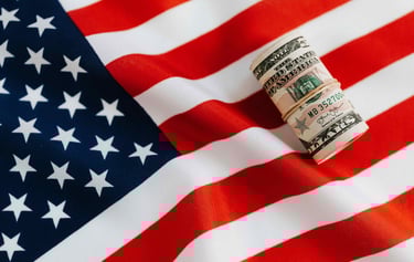 American flag with rolled dollar bills