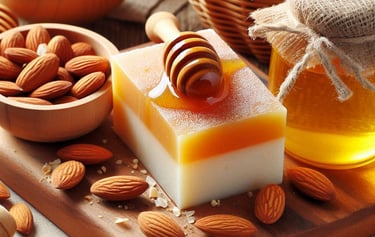 bar of soap with jar of honey and bowl of almonds