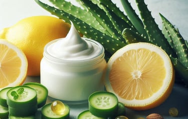 lemon, cucumber, aloe vera and cream in a jar
