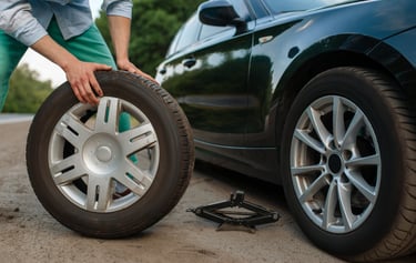 a person standing next to a car with a tire