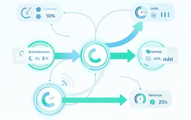 Business data visualization showing revenue growth and customer analytics through arrows and gauge icons.