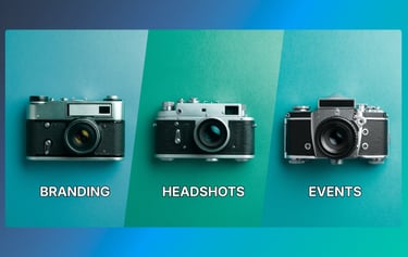 three cameras and under each camera says branding, headshots, and events