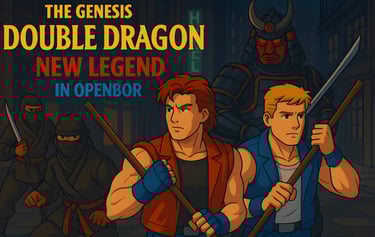 a group of people in a city with two men in chasing the Double Dragon