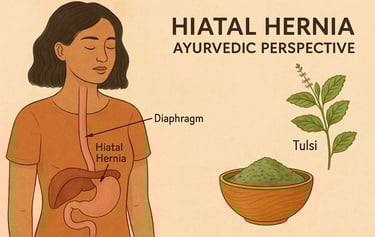 Ilustración de una mujer con sistema digestivo resaltado, mostrando una hernia de hiato desde el enfoque ayurvédico, acompaña
