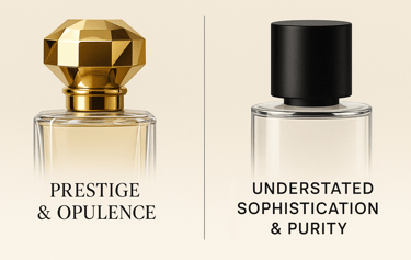 Gold gem-cut cap versus matte black cylinder cap symbolizing opulence vs minimalism in perfume